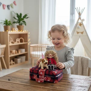 Peut inclure: Une jeune enfant souriante tient une valise &agrave; carreaux rouges et noirs avec une poup&eacute;e et un chien en peluche. La valise est orn&eacute;e d'un ruban floral rouge. Ambiance lumineuse.