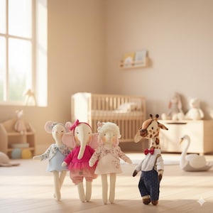 Patrones de costura de peluches: Elefante, Jirafa, Ratón y Cordero (Tutorial en PDF)