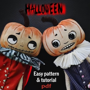 Halloween Pumpkin Stuffed Doll – PDF Wzór do szycia Samouczek z sukienką i kombinezonem – Łatwy wzór dekoracji na Halloween