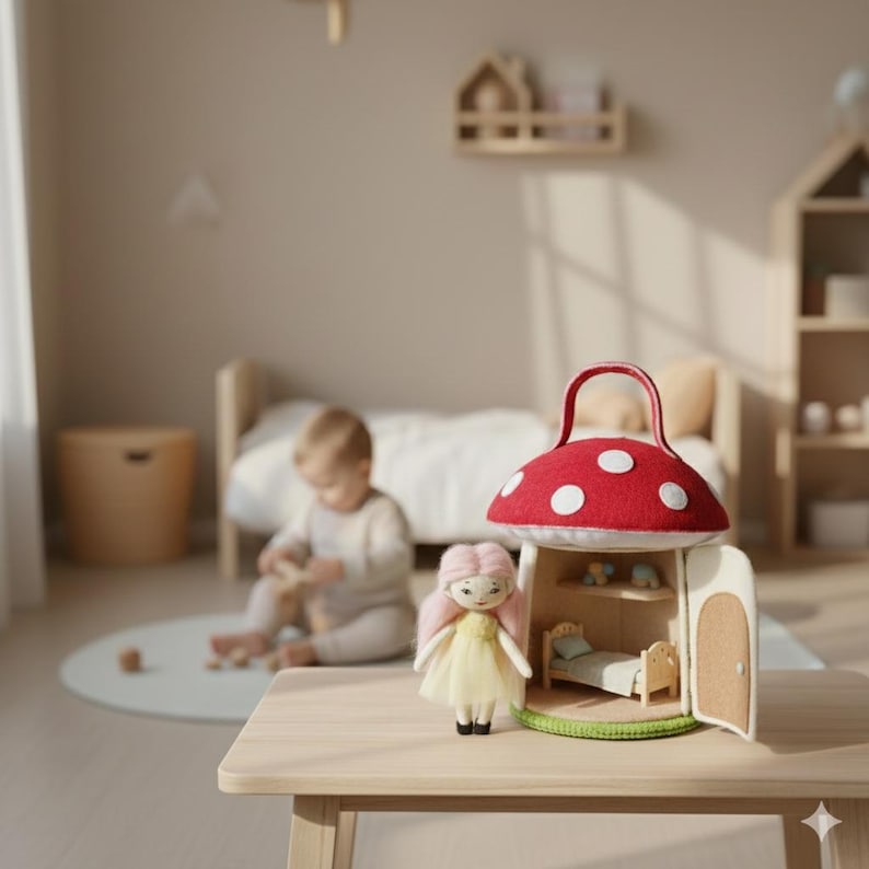 May include: A red mushroom-shaped toy house with white polka dots and a handle. A doll with a yellow dress and pink hair stands next to the house. The house has a small bed and shelves inside. The toy is on a light wood table.