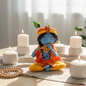 Könnte beinhalten: Eine Filzpuppe von Krishna in meditativer Pose, die Flöte spielt, mit blauem Teint und traditioneller Kleidung. Die Puppe ist von brennenden Kerzen und einer Holzkette umgeben, was eine ruhige Atmosphäre schafft.