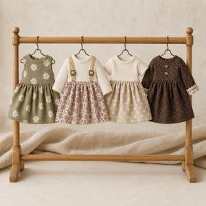 May include: Four miniature dresses hanging on a wooden rack. The first is olive green with white daisies. The second is a cream top with a floral skirt and suspender straps. The third is cream with white polka dots. The fourth is dark brown with lace cuffs.