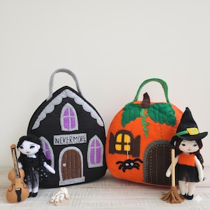 Vilten poppenhuis-naaipatronenset: woensdag en heks doe-het-zelf poppentassen (pdf-tutorial) afbeelding 1