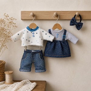 May include: A set of doll clothes, including a white sweater with blue stars, denim shorts, and a denim dress with a gray top. A blue bow hair tie is also included. The outfits are hanging on a wooden rack.