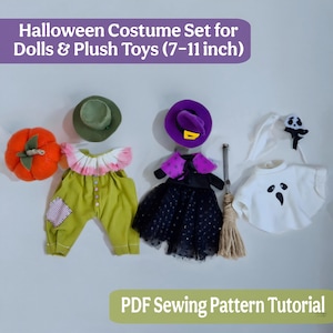 Puede incluir: Un conjunto de disfraces de Halloween para muñecas y peluches. El conjunto incluye una calabaza, un sombrero verde, un sombrero de bruja, un vestido de bruja, un disfraz de fantasma y una escoba. Los disfraces están diseñados para muñecas y peluches de 17.78-27.94 cm.