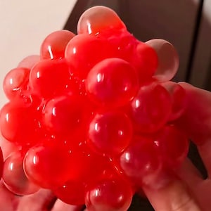 May include: A red squishy ball made of many small, connected bubbles. The ball is soft and flexible, and it can be squeezed and stretched.