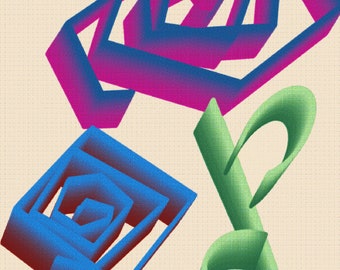 Puede incluir: Dos rosas abstractas con un tallo verde. La rosa superior es un degradado de rosa y azul, mientras que la rosa inferior es azul. Las rosas están hechas de cuadrados superpuestos.