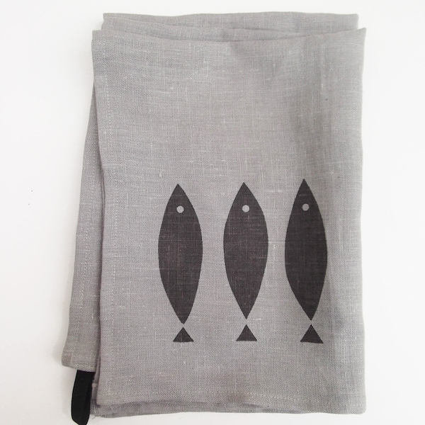 Screen printed grey linen tea towel