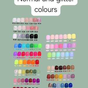 May include: A nail polish colour chart showcasing normal and glitter finishes. The chart presents a diverse range of shades, from soft pastels to bold colours, each identified by a specific code. The background is a muted green.
