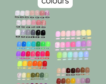 May include: A color chart of nail polish shades, including normal and glitter finishes. The chart displays a wide array of colors, from pastels to vibrant hues, with each color labeled with a unique code. The background is a muted green.