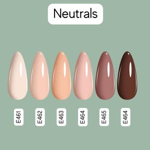 Könnte beinhalten: Sechs Nagellackfarben in neutralen Tönen, von hellem Beige bis zu dunklem Braun. Jede Farbe hat ein glänzendes Finish. Der Text "Neutrals" steht über den Farbmustern, darunter die Farbcode-Bezeichnungen.