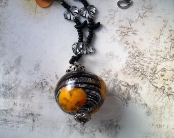 Handmade Unique Glass and Vintage Bead Necklace Black Orange