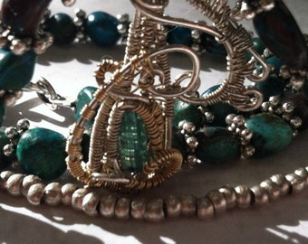 Wire wrapped Tourmaline with turquoise and silver necklace