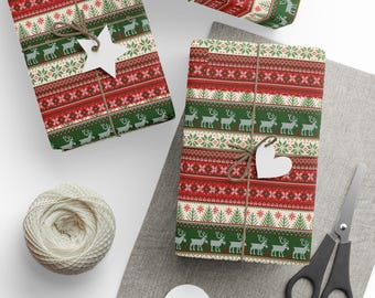 Nordic Reindeer Stripes Wrapping Paper | Christmas Holiday Gift Wrap