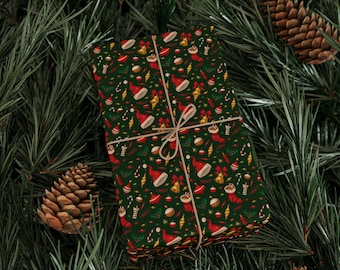 Christmas Stockings Pattern Wrapping Paper | Holiday Green Red Decorative Gift Wrap