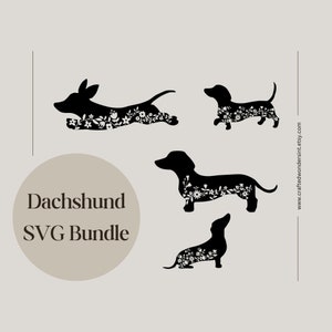 Teckel Svg, Floral teckel sublimatie Png, schattige hond clipart bundel, zwart-wit digitaal ontwerp, teckel cadeau, SVG voor silhouet