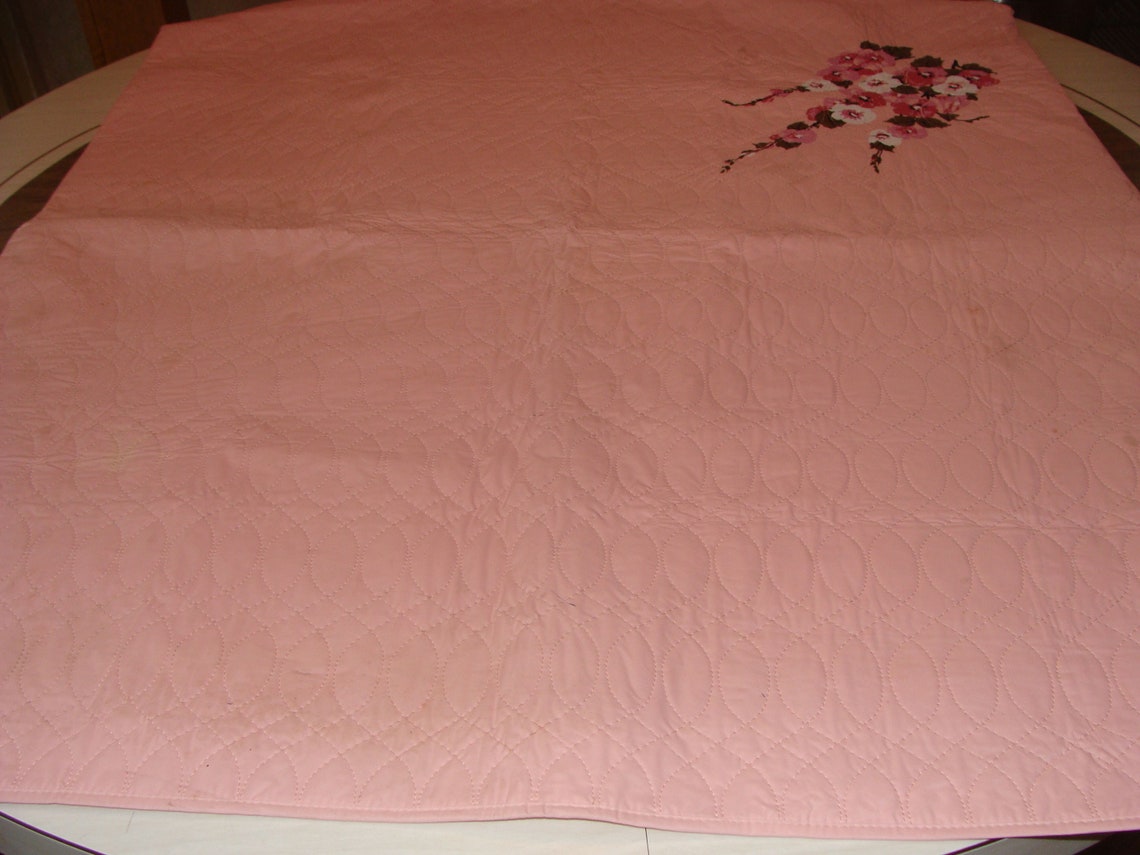 Vintage Pink Quilted Vinyl Card Table Cloth Cover Hollyhocks Floral