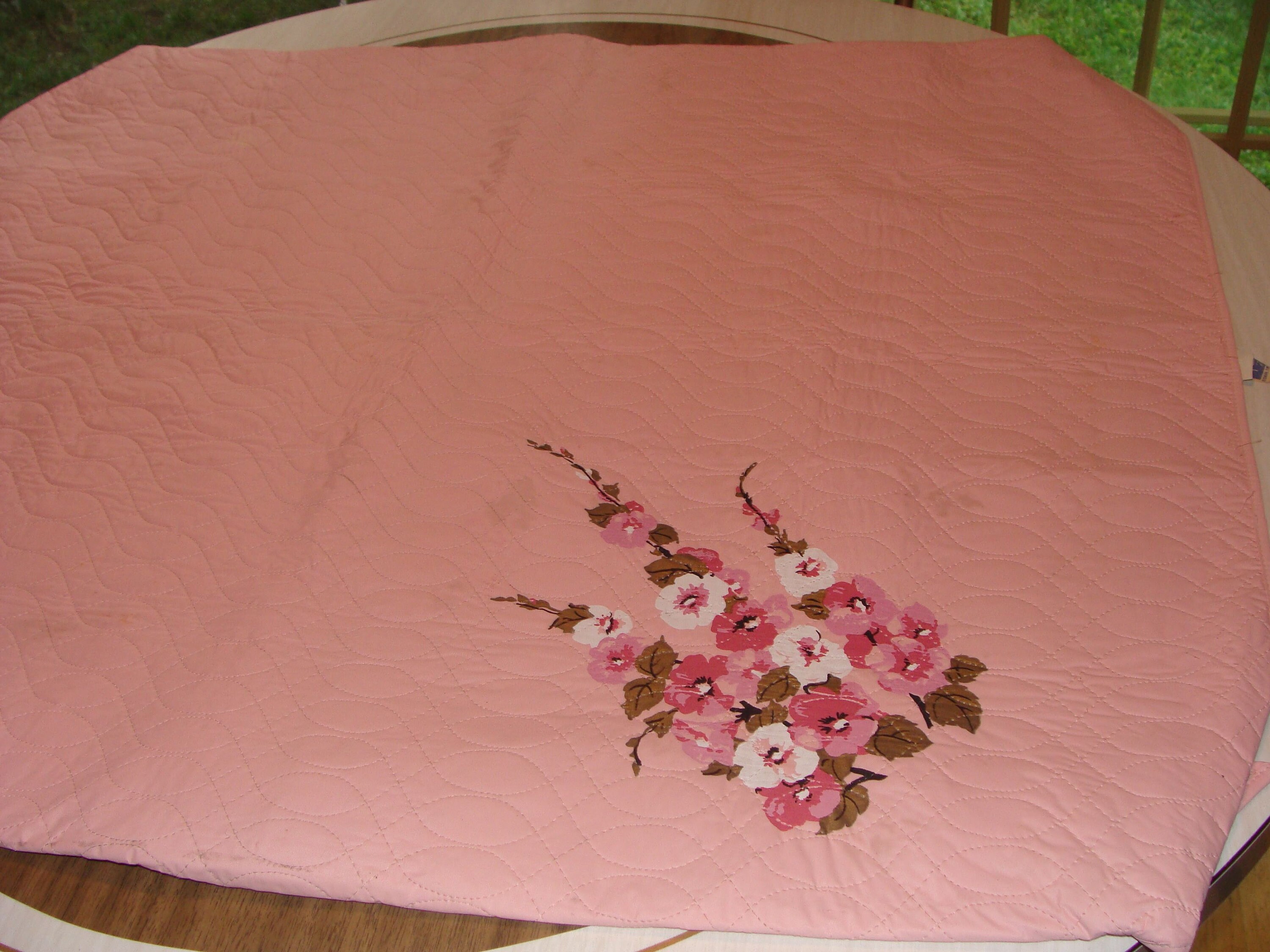 Vintage Pink Quilted Vinyl Card Table Cloth Cover Hollyhocks Floral