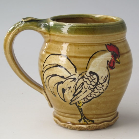 Items similar to Coffee mug with roosters in green and gold on Etsy