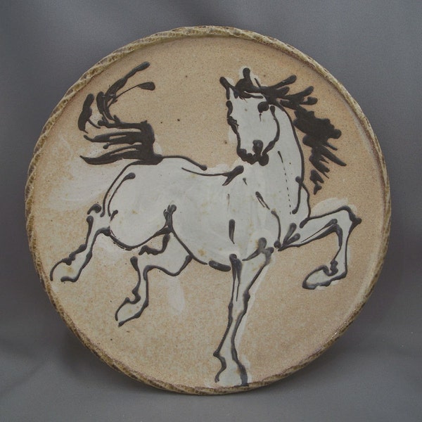 Plate with horse stoneware salt glazed wood fired