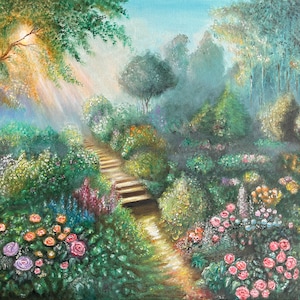 Original Oil Painting: Impressionist Flower Garden Path, Handmade Canvas Art (18x24in)