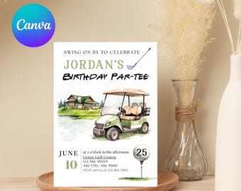Editable Swing on by golf Birthday Party Invite Mens Golf Party Birthday Invite Watercolour Golf Invitation Golf Birthday template golfing