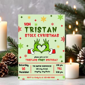 Wie Baby 1. Geburtstag Stola Weihnachten Einladung Grinchmas erste Geburtstagseinladung dr. Seuss Party Evite Thema Grinch Weihnachten Baby Karte