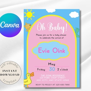 Invitación de baby shower de Peppa Pig Inspiración Descarga digital Invitación de baby shower de dibujos animados Baby Shower de cerdo Invitación de llegada de Evie Pig Canva
