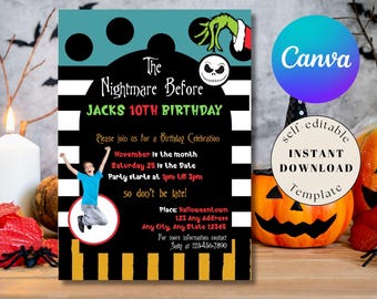 Nightmare before Birthday Invitation Halloween Birthday Digital Download Nightmare before Bday Invite October Fall Birthday Invite Grinch