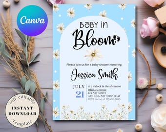Baby in Bloom Baby Shower Invitation: White Daisy, Blue Watercolor (Digital Download)