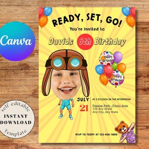 K&ouml;nnte beinhalten: Eine gelbe Geburtstagseinladung mit dem Text "READY, SET, GO!" und "Davids 6th Birthday." Sie zeigt ein Cartoon-Bild eines Kindes mit einem Pilotenhelm und Luftballons. Das Datum ist der 21. Juli.
