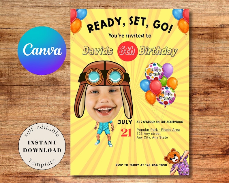 K&ouml;nnte beinhalten: Eine gelbe Geburtstagseinladung mit dem Text "READY, SET, GO!" und "Davids 6th Birthday." Sie zeigt ein Cartoon-Bild eines Kindes mit einem Pilotenhelm und Luftballons. Das Datum ist der 21. Juli.