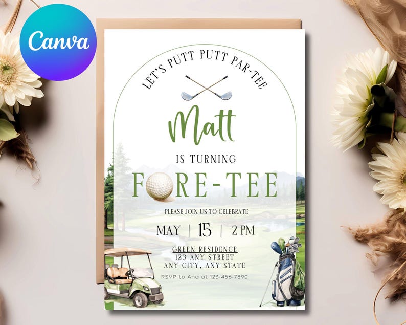 Editable Fore-tee Birthday Party Invite Mens Golf Forty Birthday Invite ...