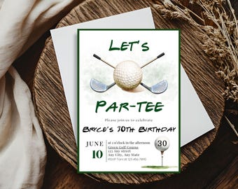 Invitación editable para fiesta de cumpleaños de golf de Par-Tee. Invitación para fiesta de cumpleaños de golf para hombres. Invitación de golf en acuarela. Descarga digital. Plantilla de cumpleaños de golf.