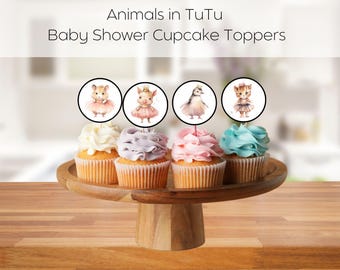 Adorno para cupcakes de cumpleaños con tutú de animal, adorno para cupcakes de baby shower con tutú, bailarina, tema de ballet, editable para baby shower de cumpleaños.