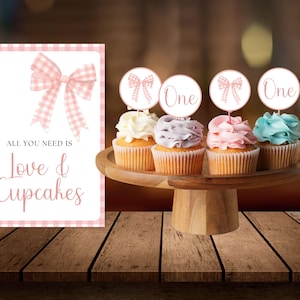 Girls just wanna be ONE first birthday cupcake toppers coquette pink bow cupcake toppers editable Canva template coquette pink bow bday