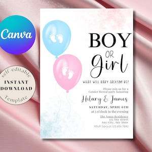 Boy or Girl Gender Reveal invitation He or She Gender Reveal Invite Digital Download Gender Reveal Balloon Invite template Pink blue balloon