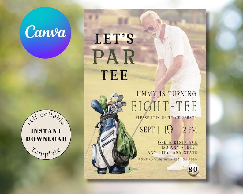 Editable Eight-tee Birthday Party Invite Mens Golf 80th Birthday Invite ...