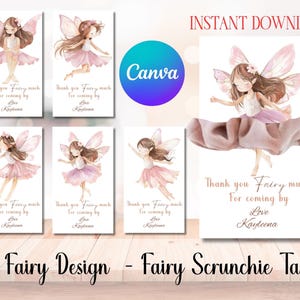 May include: Five printable gift tags featuring a watercolour illustration of a fairy with pink wings and a pink dress. The text on the tags reads "Thank you Fairy much for coming by Love Kayleena".