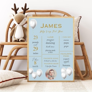 Póster del primer año de los niños, cartel del primer cumpleaños, cartel de un año, globo blanco, estilo bohemio, decoración de fiesta de primer cumpleaños, hito simple
