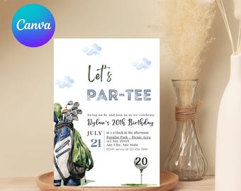 Invitación editable para fiesta de cumpleaños de golf de Par-Tee. Invitación para fiesta de cumpleaños de golf para hombres. Invitación de golf en acuarela. Descarga digital. Plantilla de cumpleaños de golf.