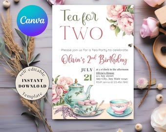 Könnte beinhalten: Eine florale Einladung zur Teeparty mit dem Text "Tea for Two" und "Olivia's 2nd Birthday". Das Design umfasst eine Teekanne, eine Teetasse und Makronen. Die Einladung ist eine sofort herunterladbare, selbst editierbare Vorlage.
