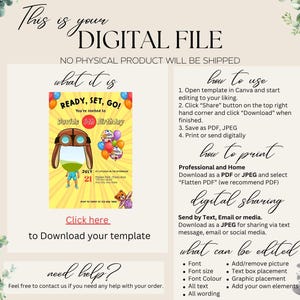 K&ouml;nnte beinhalten: Eine digitale Dateiank&uuml;ndigung mit dem Text "This is your DIGITAL FILE". Die Einladung zeigt einen Cartoon-Piloten mit dem Text "READY, SET, GO!" und "David's 6th Birthday". Anweisungen zur Verwendung, zum Drucken und Teilen sind ebenfalls enthalten.