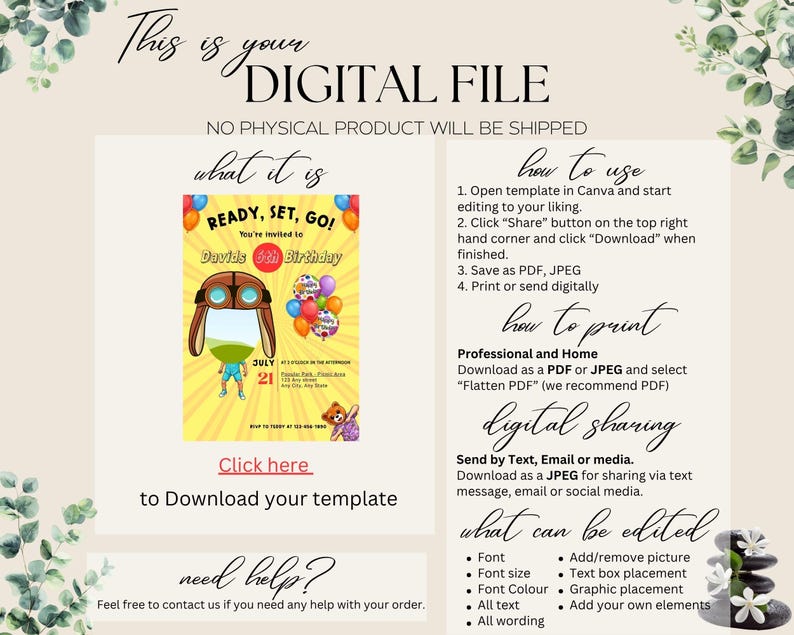 K&ouml;nnte beinhalten: Eine digitale Dateiank&uuml;ndigung mit dem Text "This is your DIGITAL FILE". Die Einladung zeigt einen Cartoon-Piloten mit dem Text "READY, SET, GO!" und "David's 6th Birthday". Anweisungen zur Verwendung, zum Drucken und Teilen sind ebenfalls enthalten.