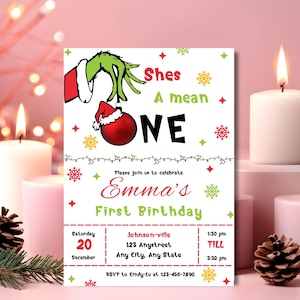 Sie ist ein gemeiner erste Geburtstag einladen Grinchmas 1.Geburtstags-Einladung dr. Seuss Party evité thema grinch weihnachts baby bday karte meine 1