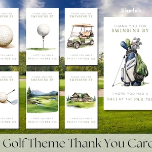 Könnte beinhalten: Set mit sieben Dankeskarten zum Thema Golf. Jede Karte zeigt Aquarellillustrationen von Golfbällen, Golfwagen, Golfschlägern und Golfplatzszenen. Die Karten sind 5 cm x 9 cm groß und enthalten den Text "Thank you for swinging by."