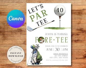 Invitación de fiesta de cumpleaños editable Fore-Tee con foto. Invitación de cumpleaños de golf para hombres de cuarenta años. Invitación de golf en acuarela con imagen de descarga digital. Cumpleaños de golf.