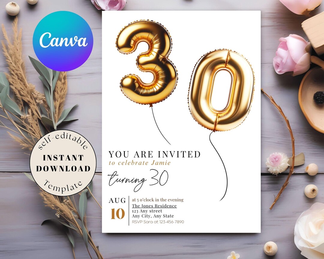 30th Birthday Invitation Template: Gold Balloons (digital Download) - Etsy
