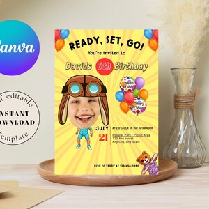 K&ouml;nnte beinhalten: Eine gelbe Geburtstagseinladung mit dem Text "READY, SET, GO!" und "Davids 6th Birthday." Die Einladung zeigt ein Cartoon-Bild eines Kindes mit Pilotenm&uuml;tze und Brille. Enth&auml;lt den Text "self-editable INSTANT DOWNLOAD Template."