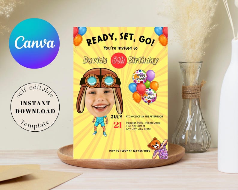 K&ouml;nnte beinhalten: Eine gelbe Geburtstagseinladung mit dem Text "READY, SET, GO!" und "Davids 6th Birthday." Die Einladung zeigt ein Cartoon-Bild eines Kindes mit Pilotenm&uuml;tze und Brille. Enth&auml;lt den Text "self-editable INSTANT DOWNLOAD Template."